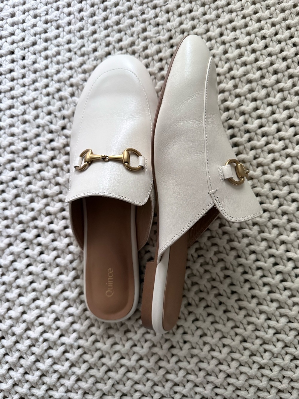 Quince Cream Leather Slip-On Mules with Gold detail